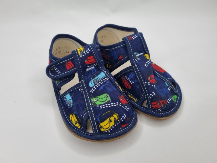 Detské barefoot papučky Baby Bare Shoes Slippers Navy cars - Veľkosť: 28